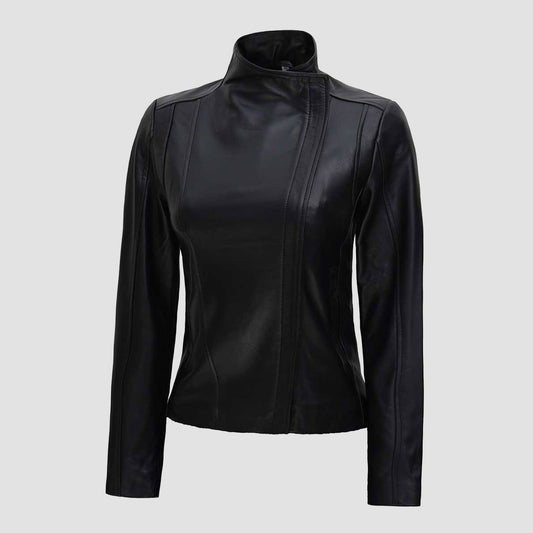 Women Black Flap Closure Leather Jacket