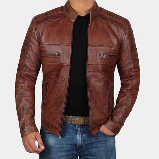 Cafe Racer Cognac Leather Jacket