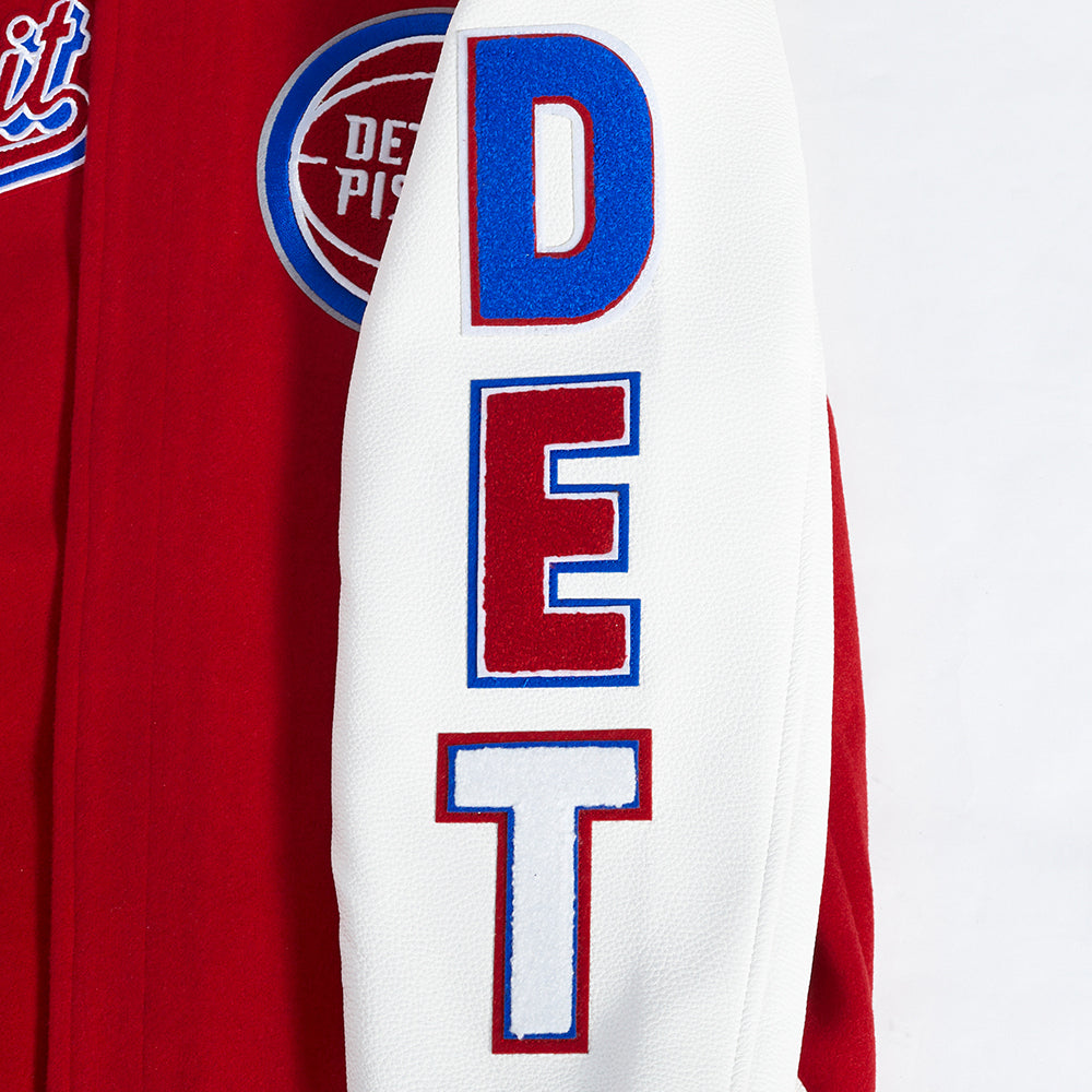 NBA Detroit Pistons Script Tail Mens Rib  Varsity Jacket (Red/White)