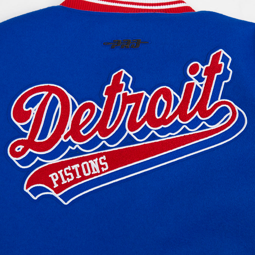 NBA Detroit Pistons Script Tail Womens Wool Varsity Jacket (Royal Blue)