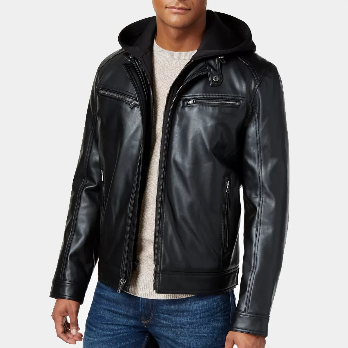 Men Black Leather Jacket with Removeable hood