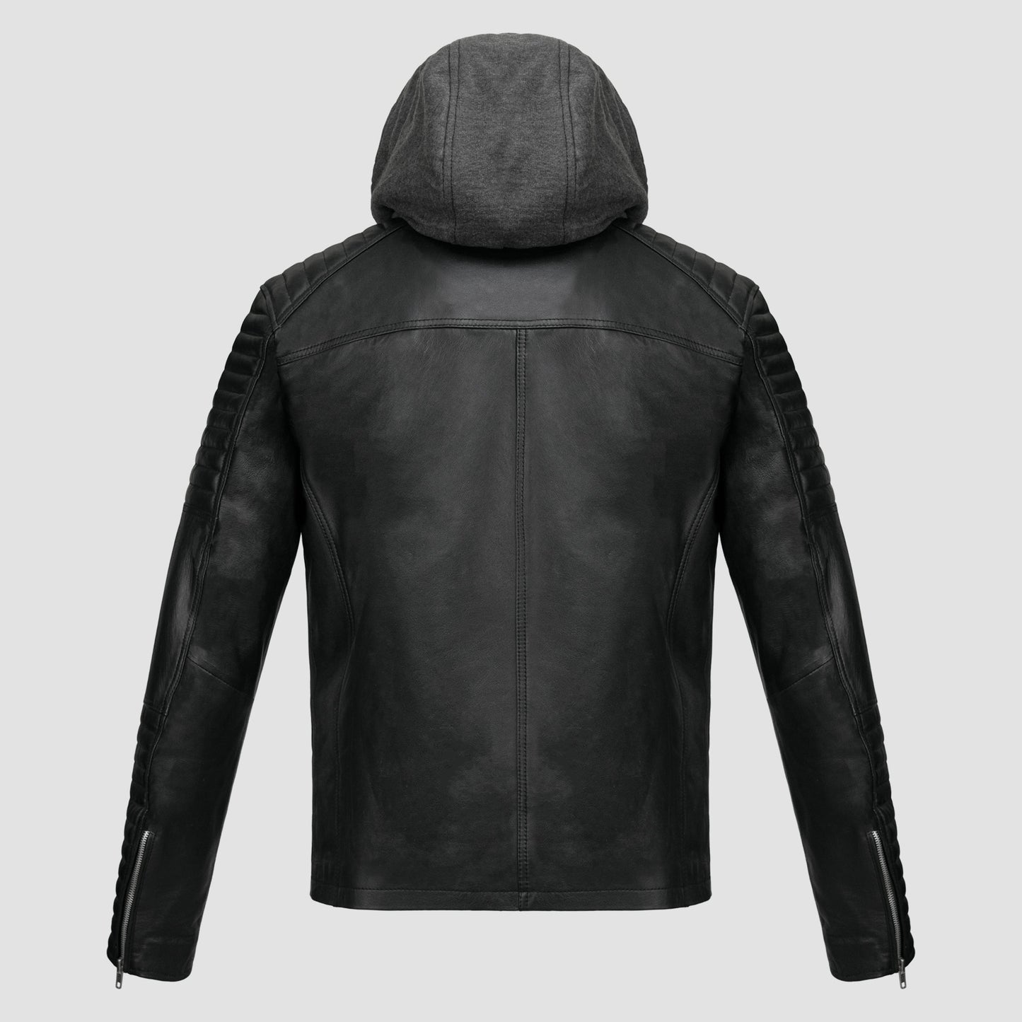 Men hooded Black Leather Jacket Removable Hoodie.