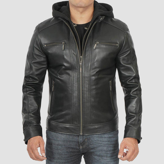 Black Hooded Leather Jacket Mens