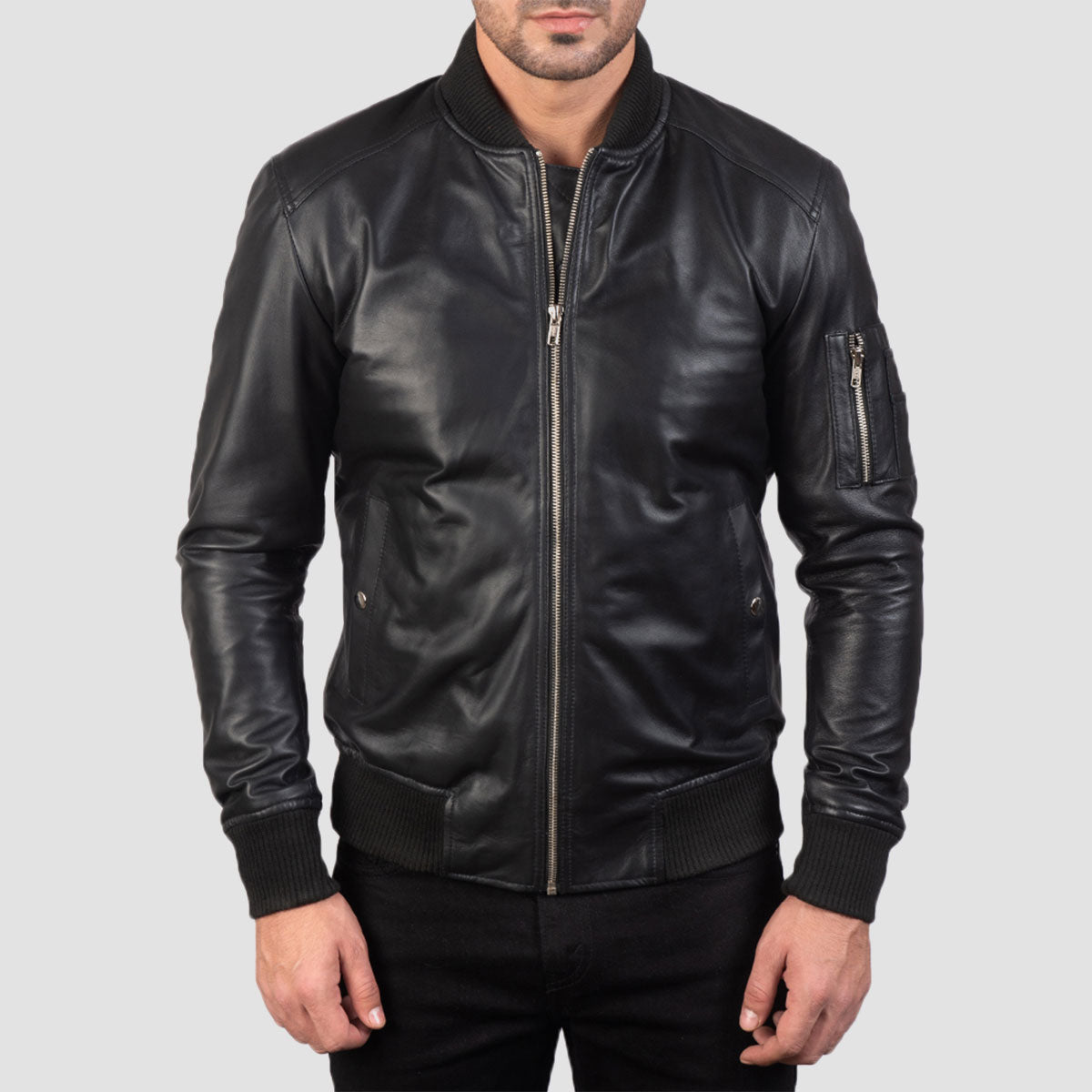 Black Bomber leather jacket men 