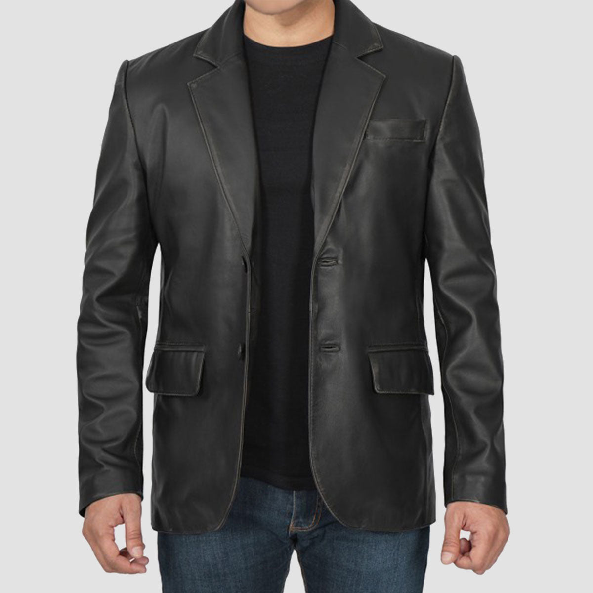 Black Two Button Mens Leather BlazerJacket