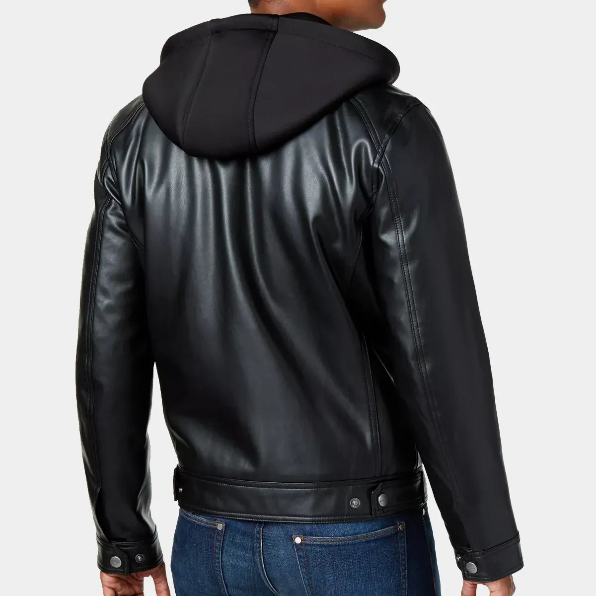 Men Black Leather Jacket with Removeable hood