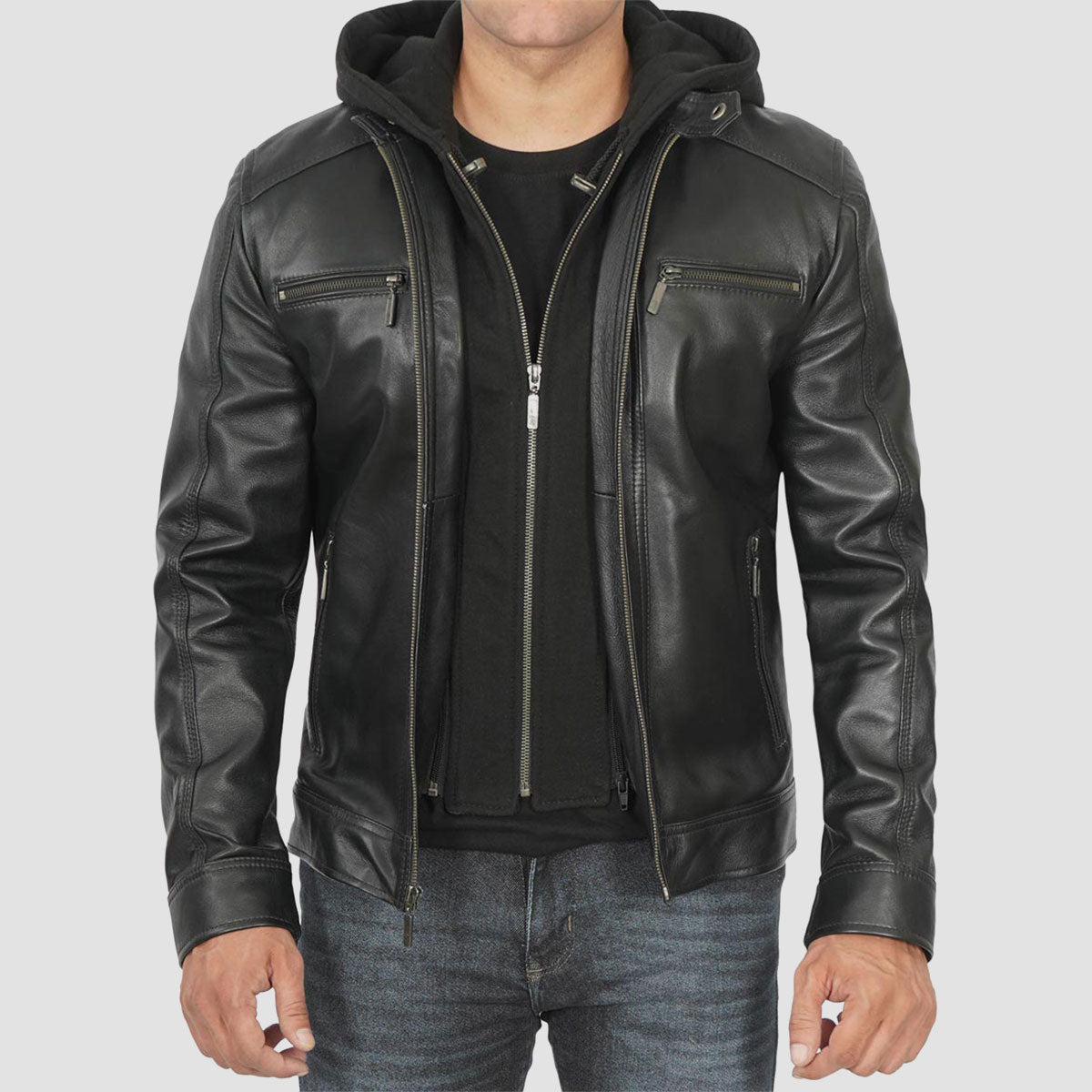 Hooded leather jacket for men 