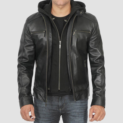 Hooded leather jacket for men 