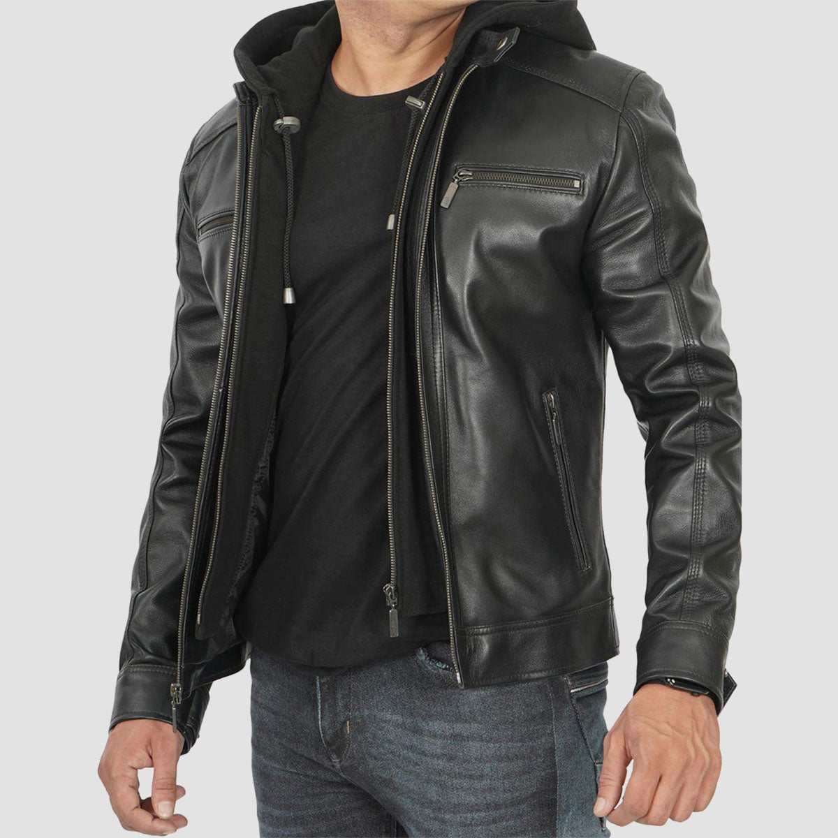 Leather jacket with removeable hood