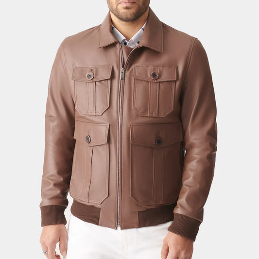 Brown bomber leather jacket for men 