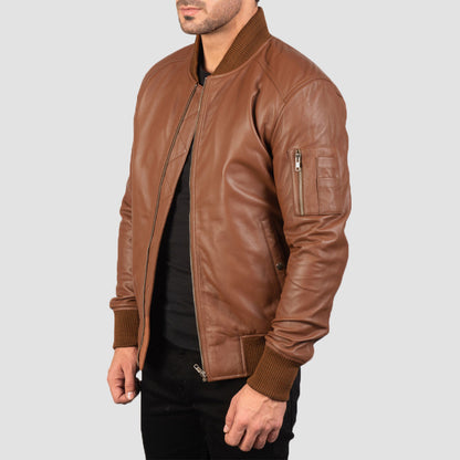 Brown Leather Bomber Jacket men 