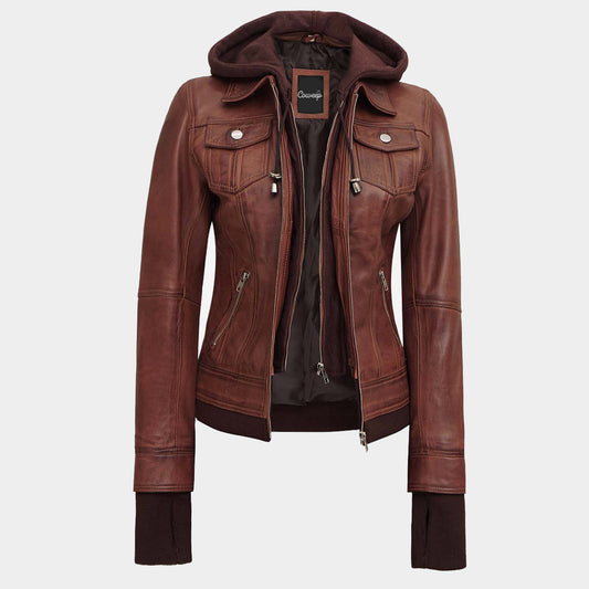 Women brown bomber leather jacket 