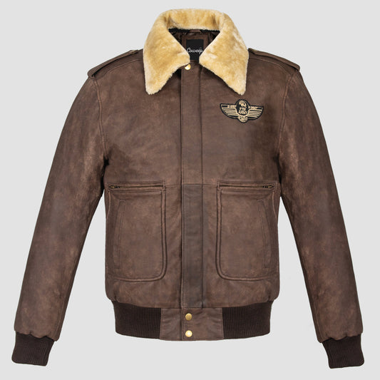 Men's Real Leather Bomber Jacket with Removable Fur Collar Aviator