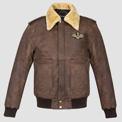 Men's Real Leather Bomber Jacket with Removable Fur Collar Aviator