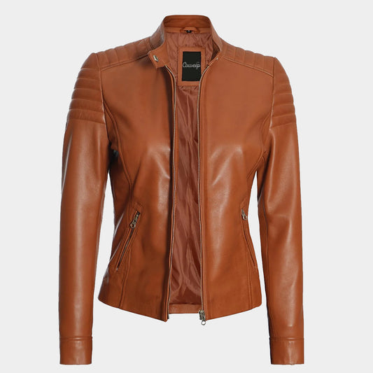 Women Tan Padded Carrie Leather Jacket