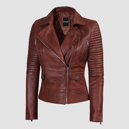 Cognac Brown Leather Biker Jacket Women