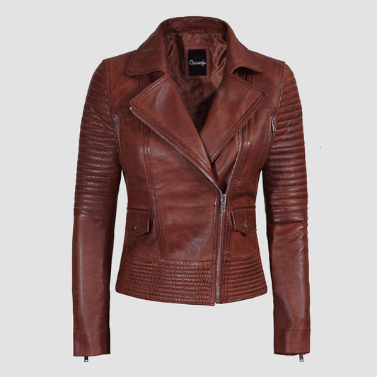 Cognac Brown Leather Biker Jacket Women