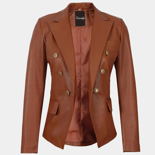 Double Breasted Cognac Leather Blazer Women