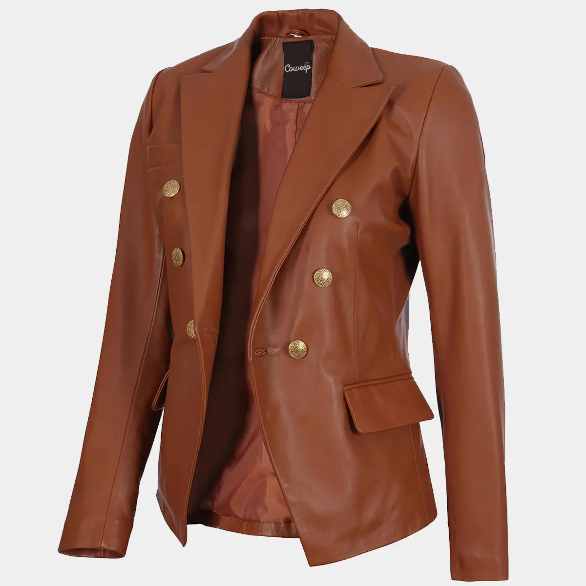 Double Breasted Cognac Leather Blazer Women