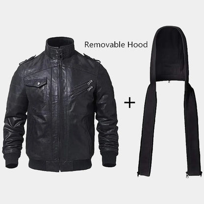 Edinburgh Mens Black Leather Bomber Jacket with Removable Hood