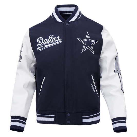 NFL Dallas Cowboys Script Tail Mens Rib Wool Varsity Jacket  Navy/White