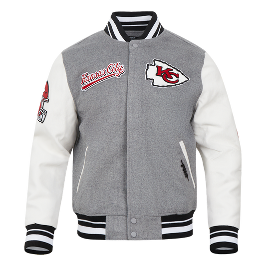 NFL Kansas City Chiefs Script Tail Men Rib Wool Varsity Grey Jacket