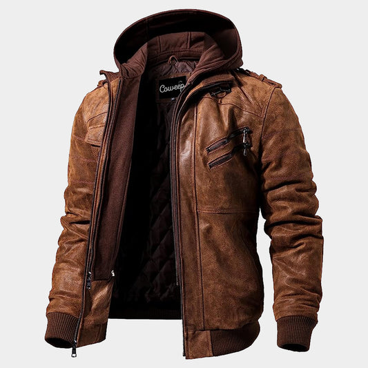 Brown Bomber leather Jacket with removable hood for men  