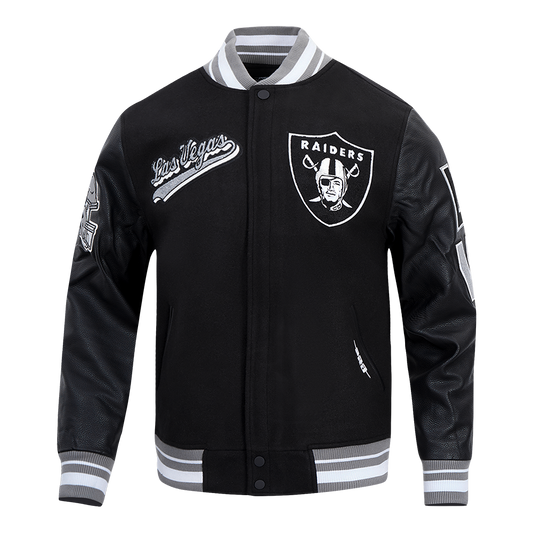 NFL Las Vegas Raiders Script Tail Men's Rib Wool Varsity Jacket (Black/Gray)