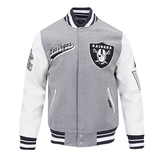 NFL Las Vegas Raiders Script Tail  Men's Rib Wool Grey Varsity Jacket 