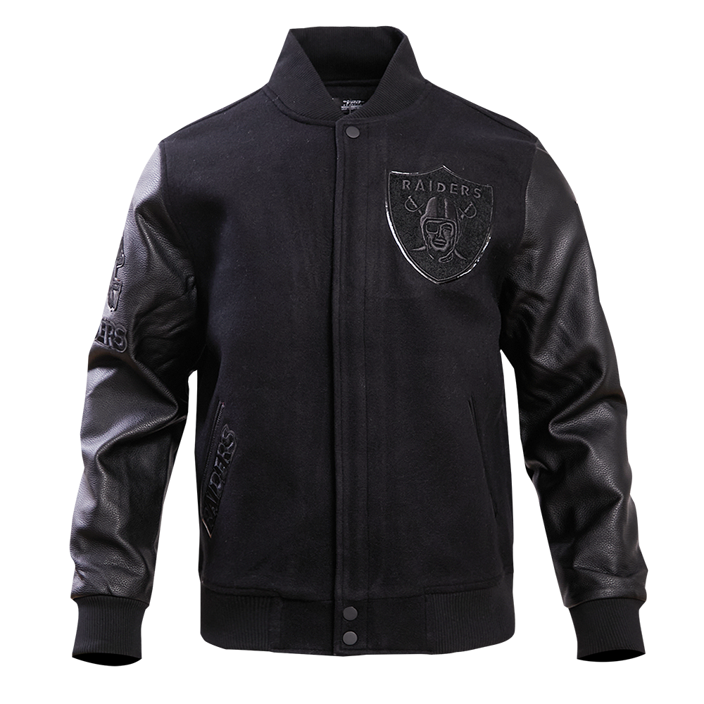 Black varsity jacket with las vegan raiders logos