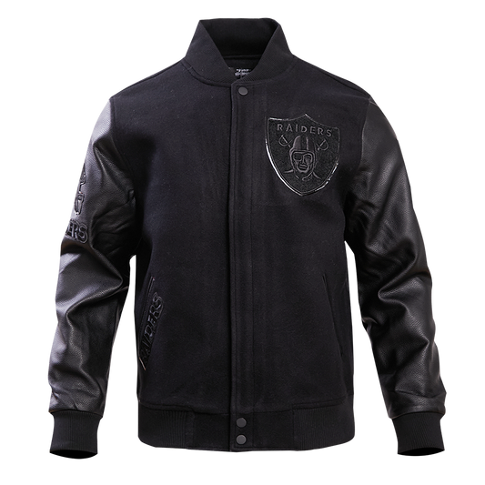 Black varsity jacket with las vegan raiders logos