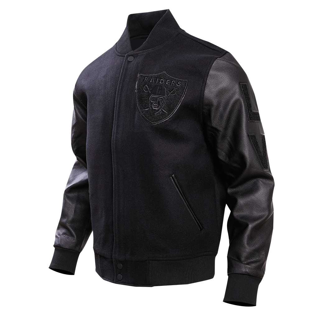 Black varsity jacket with las vegan raiders logos