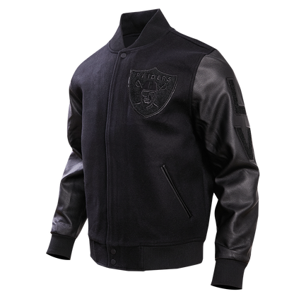 Black varsity jacket with las vegan raiders logos