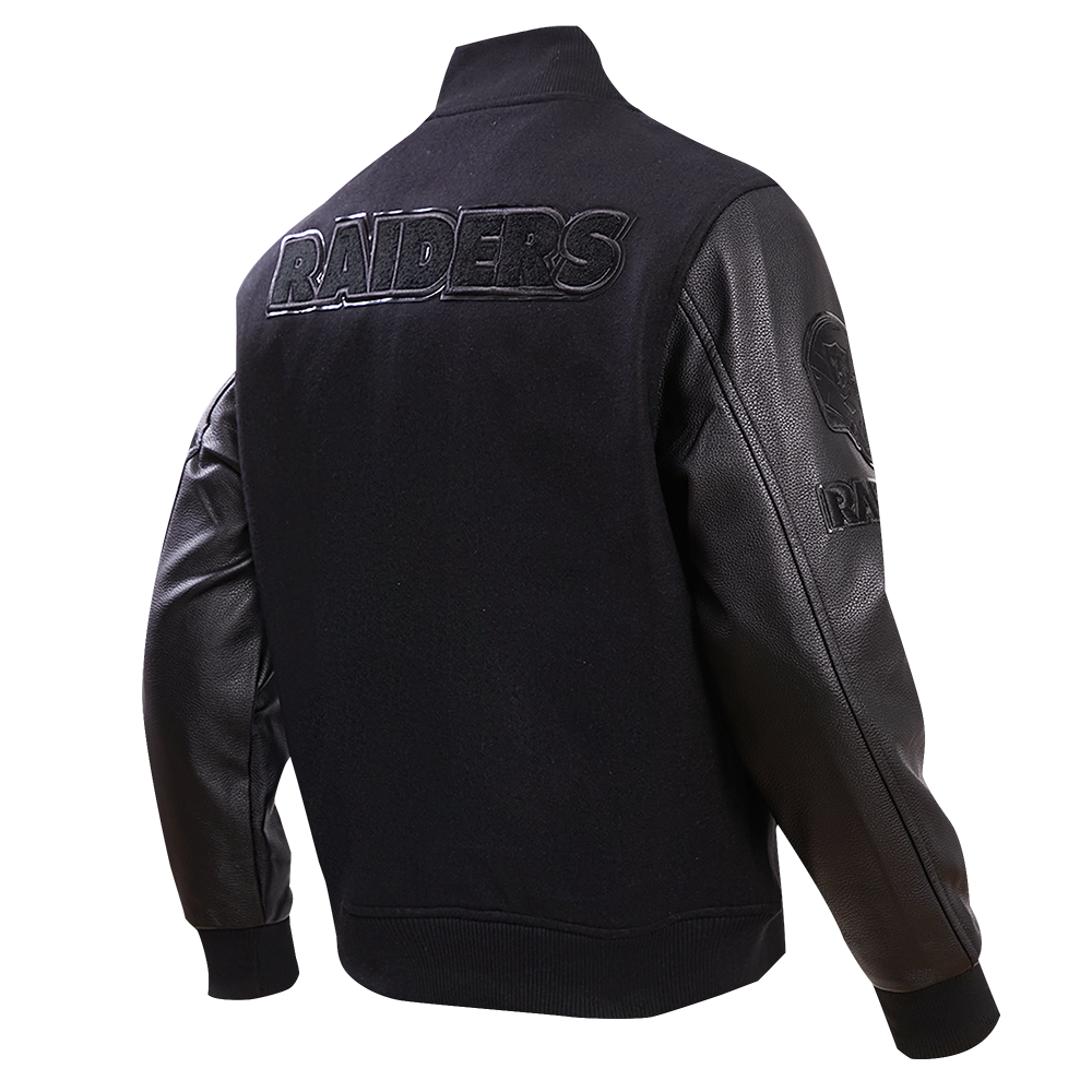 Black varsity jacket with las vegan raiders logos