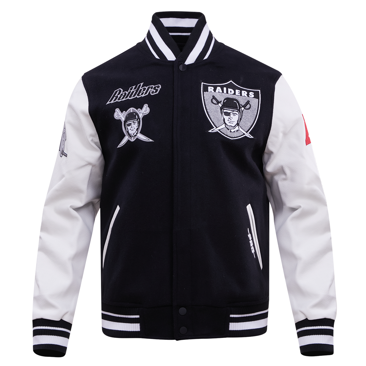 Oakland Raiders NFL jacket in black with wool body, genuine leather sleeves, strip-ribbed collar, and logo embroidery.