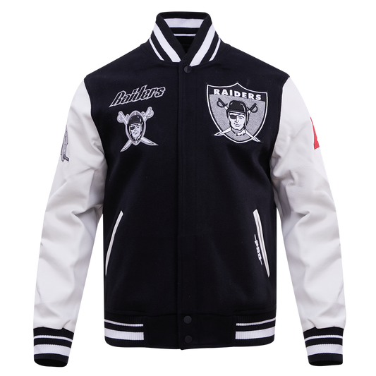 Oakland Raiders NFL jacket in black with wool body, genuine leather sleeves, strip-ribbed collar, and logo embroidery.