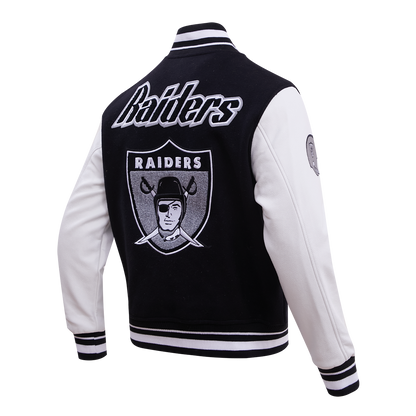 Oakland Raiders NFL jacket in black with wool body, genuine leather sleeves, strip-ribbed collar, and logo embroidery. on the back