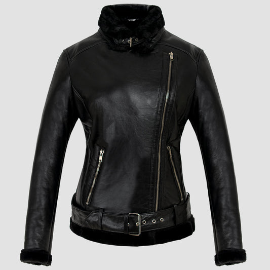 Womens Black Leather Sherpa Bomber Jacket