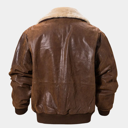 Mens Leather Bomber Jacket Aviator with Removable Collar