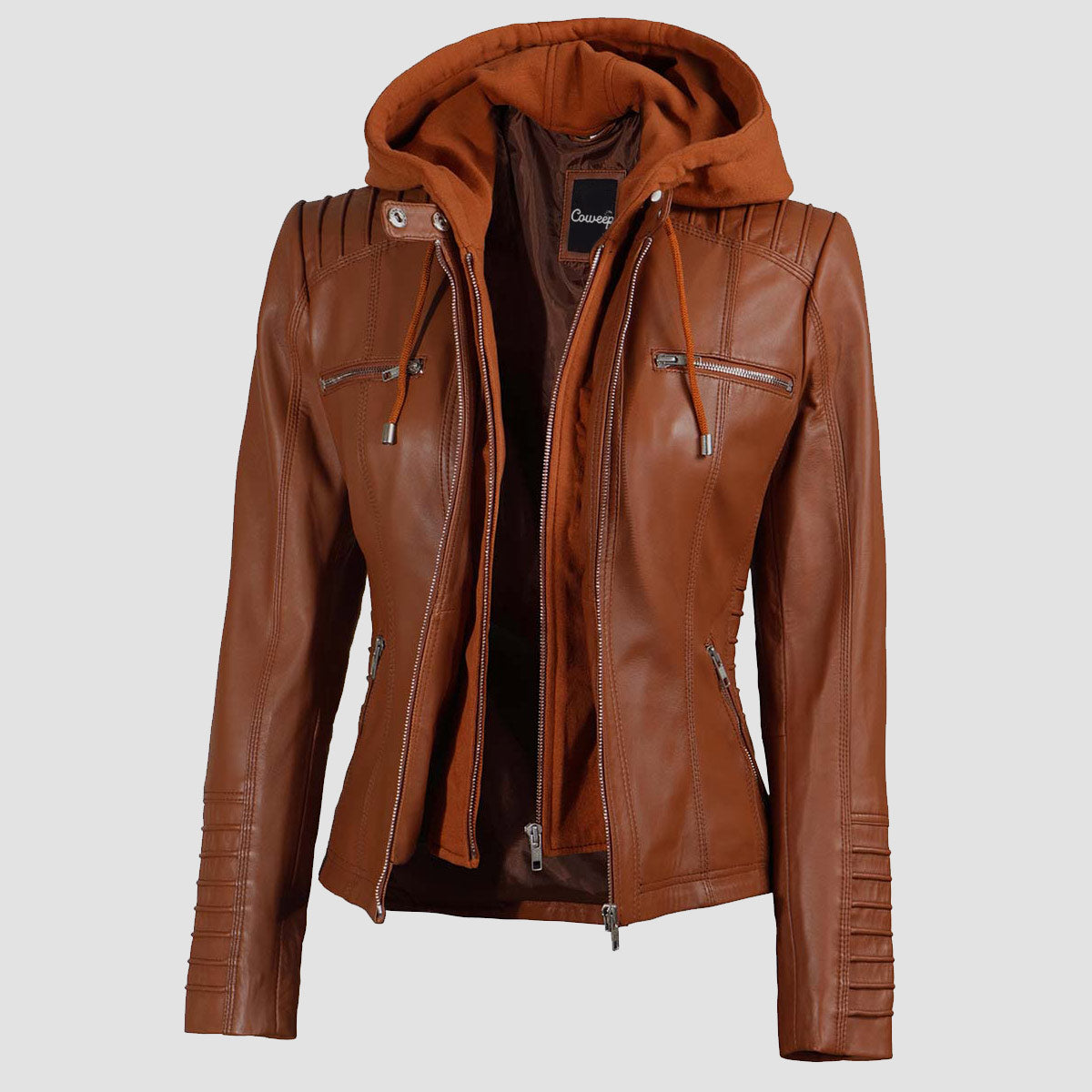 Women's Brown Café Racer Jacket With Removable Hood