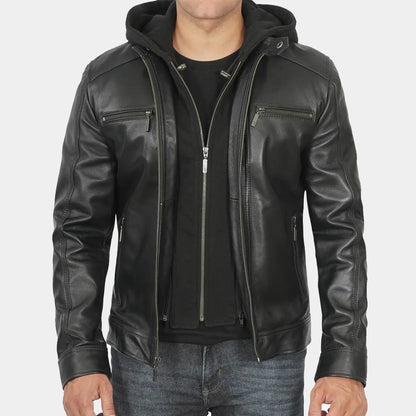 Men Black Leather Jacket with Removeable hood