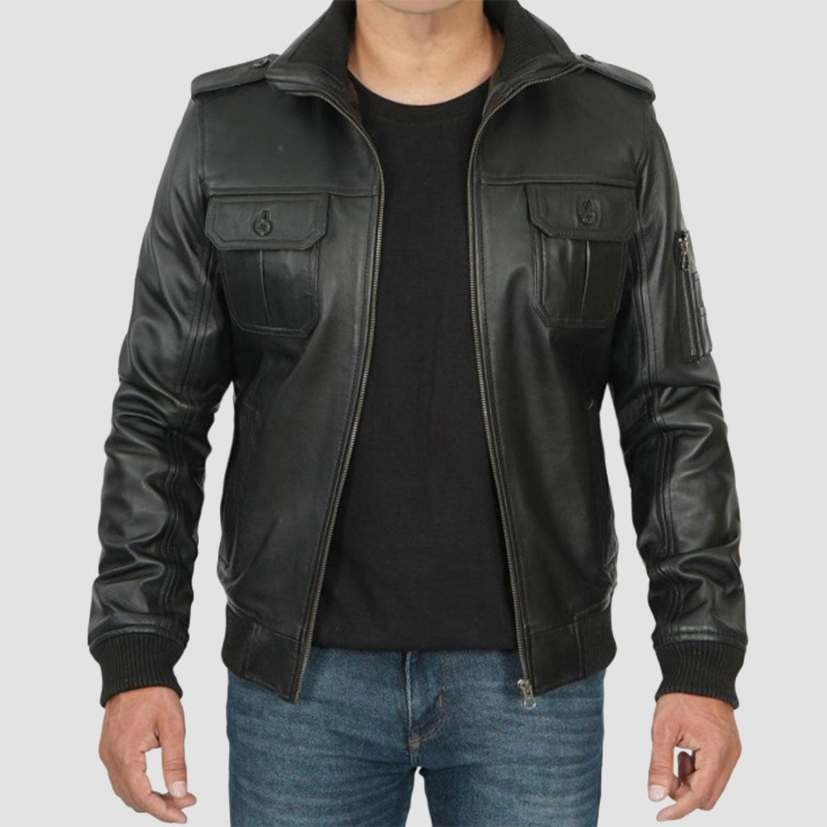 Kamble Men Black Bomber leather Jacket 