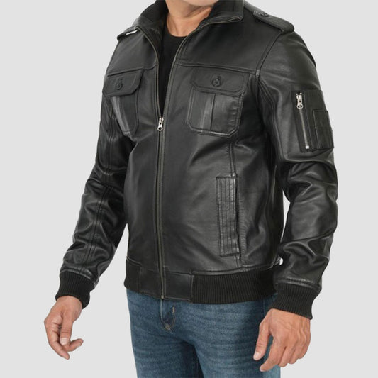 Kemble Black Vintage Leather Bomber jacket 