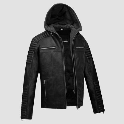 Men hooded Black Leather Jacket Removable Hoodie