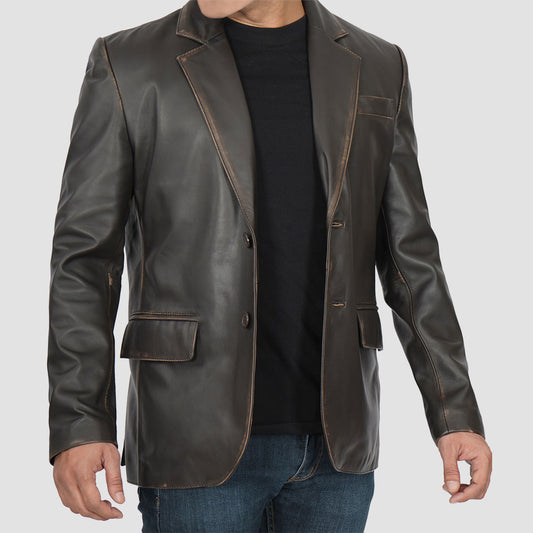 Leather Blazer for Men Notch Lapel Ruboff Brown Coat