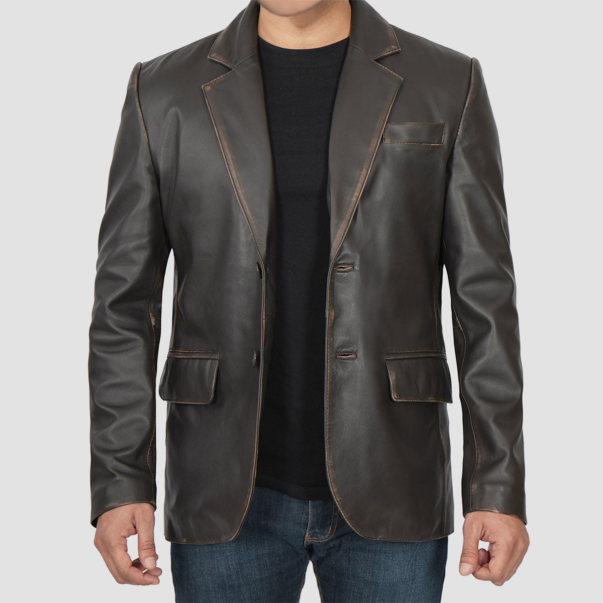 Leather Blazer for Men Notch Lapel Ruboff Brown Coat