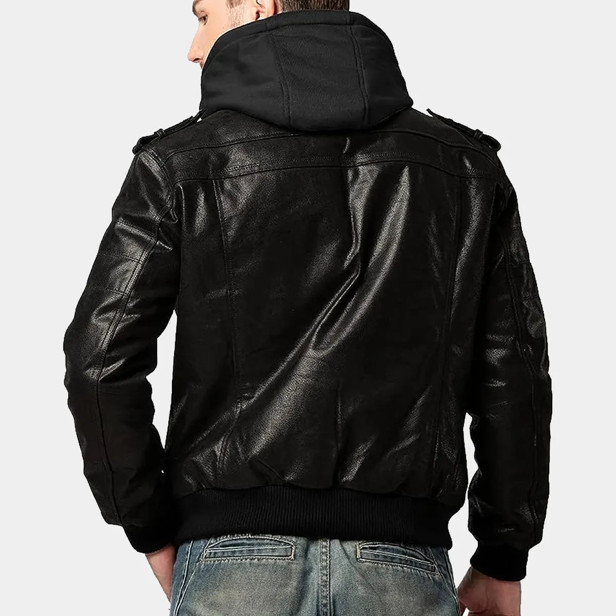 Leather Bomber Jacket with Removable Hood.