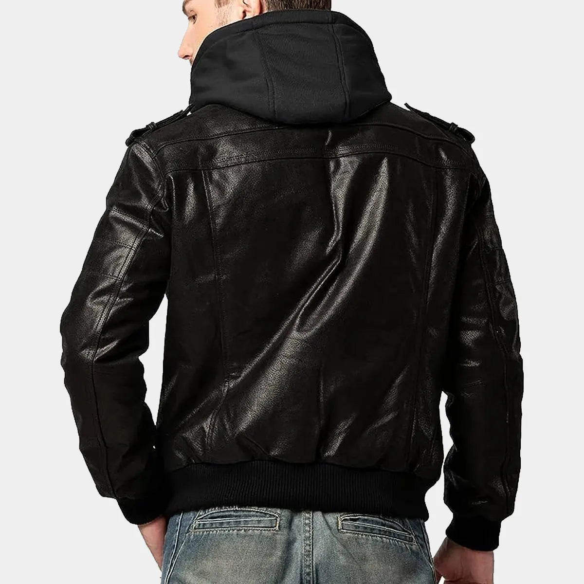 Leather Bomber Jacket with Removable Hood