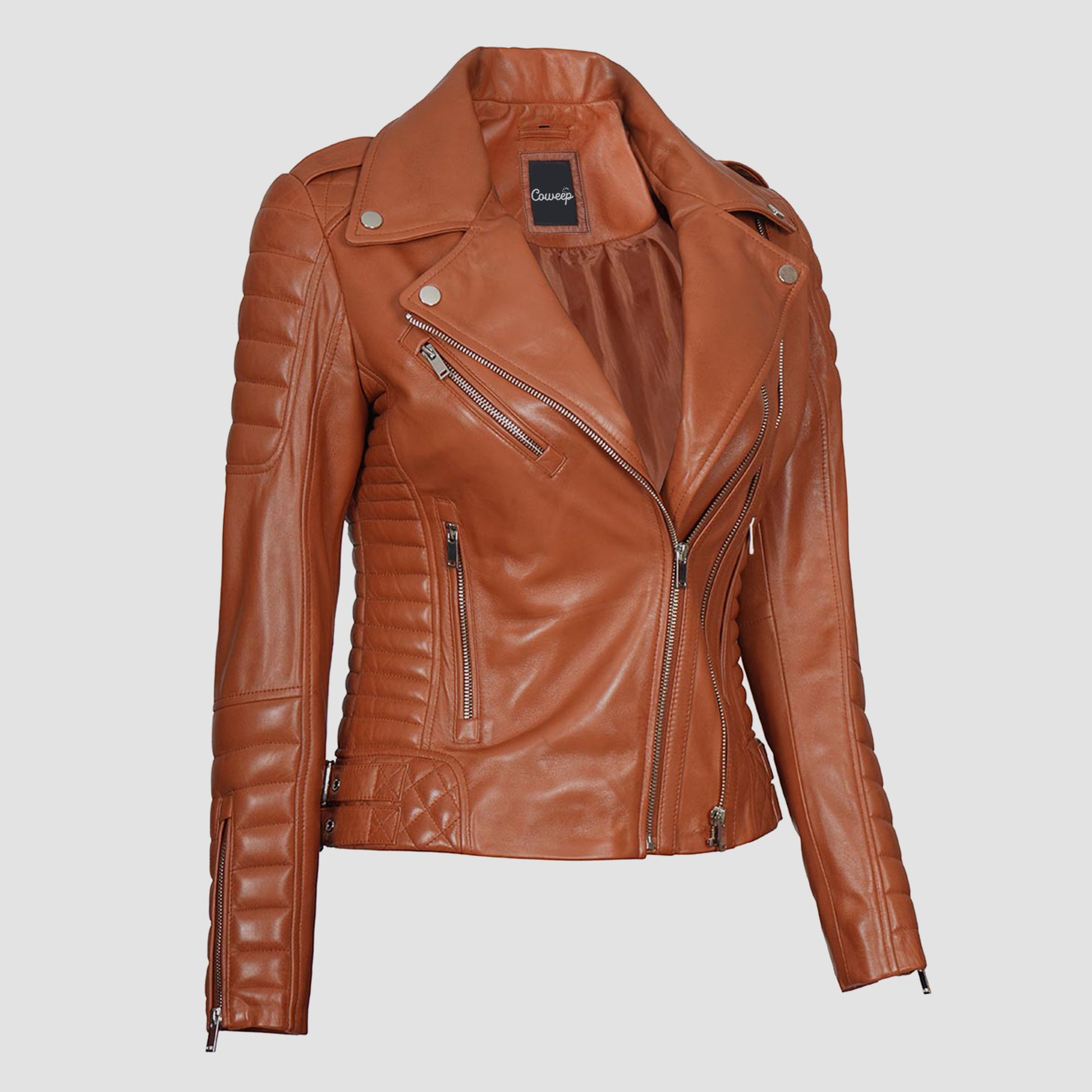 Lucille Women Tan Brown Asymmetrical Motorcycle Leather Jacket