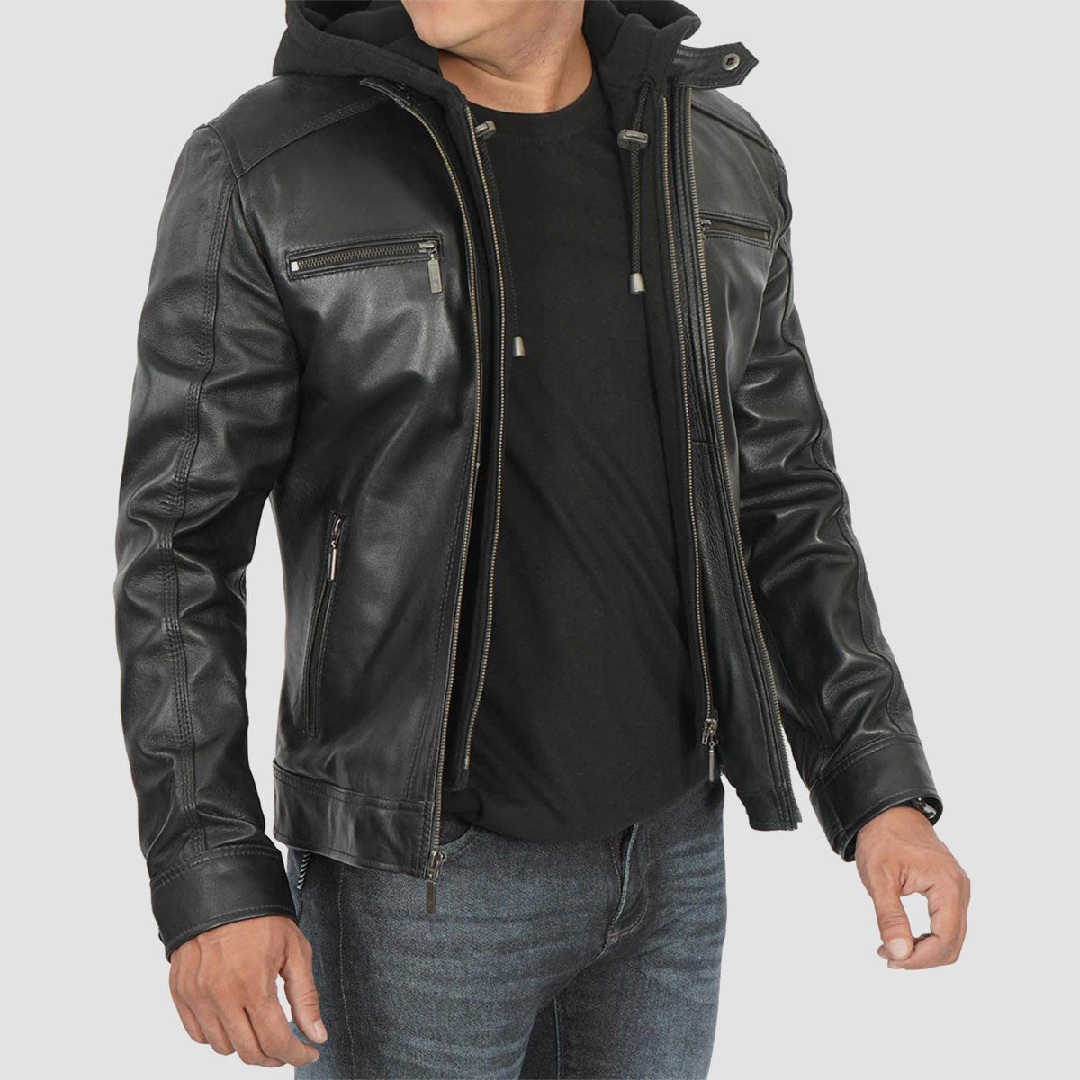 Men Black Leather Bomber Jacke tWithRemovableHoodie